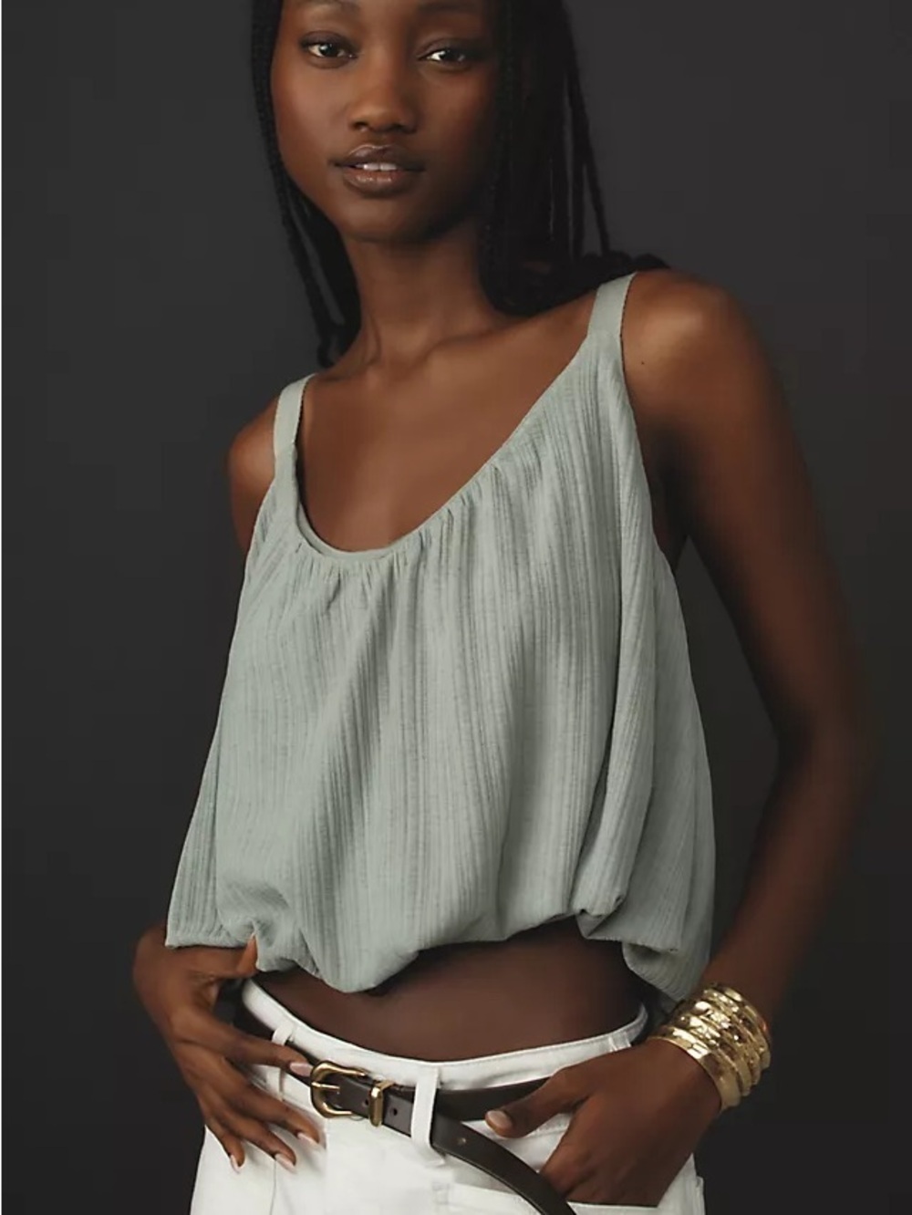 Anthropologie NWT Moss Green Sheer Ribbed Buckle Bubble Tank Top Size XL